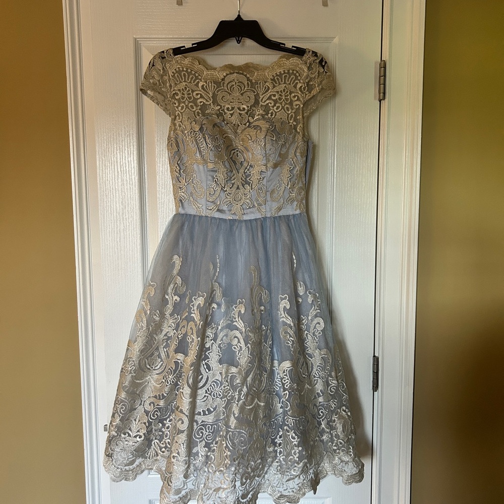 Chi Chi London Lace Overlay Midi Dress in Blue and Cream